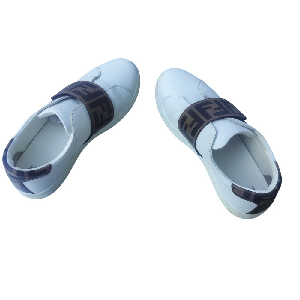 Fendi Roma White Leather FF Zucca Monogram Strap Slip On Sneakers Italy‎